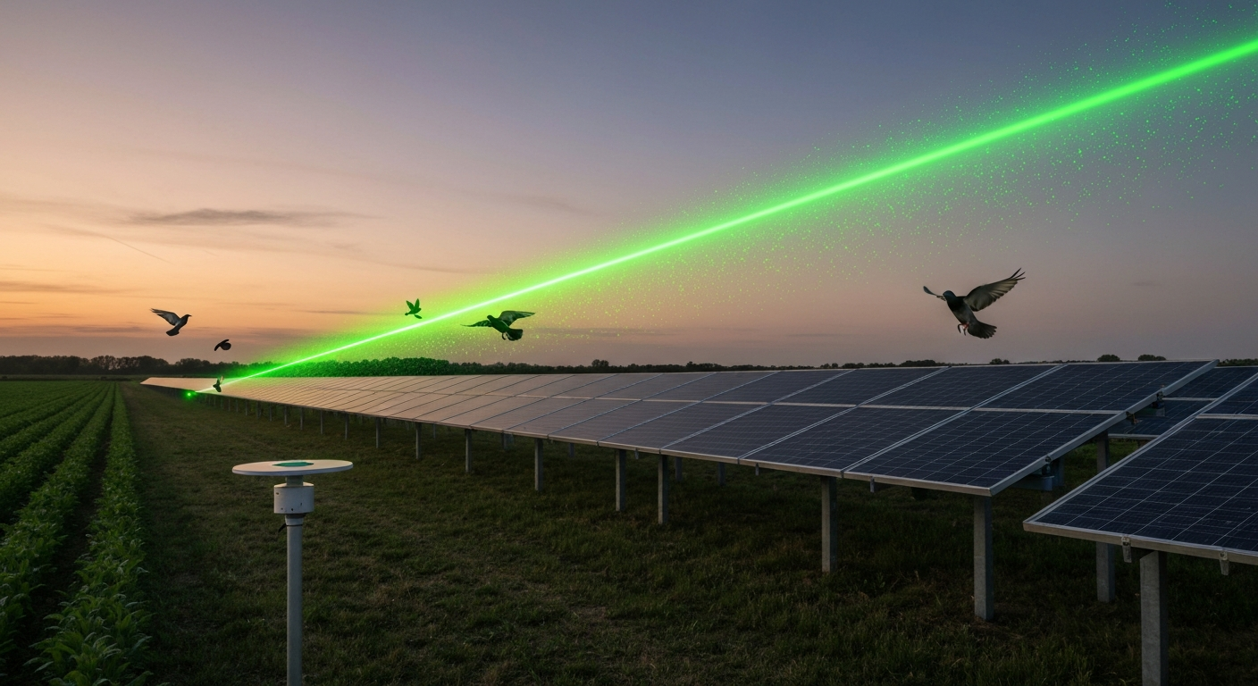 Dusk scene of an automated green laser unit sweeping a beam across solar panels and birds taking flight.