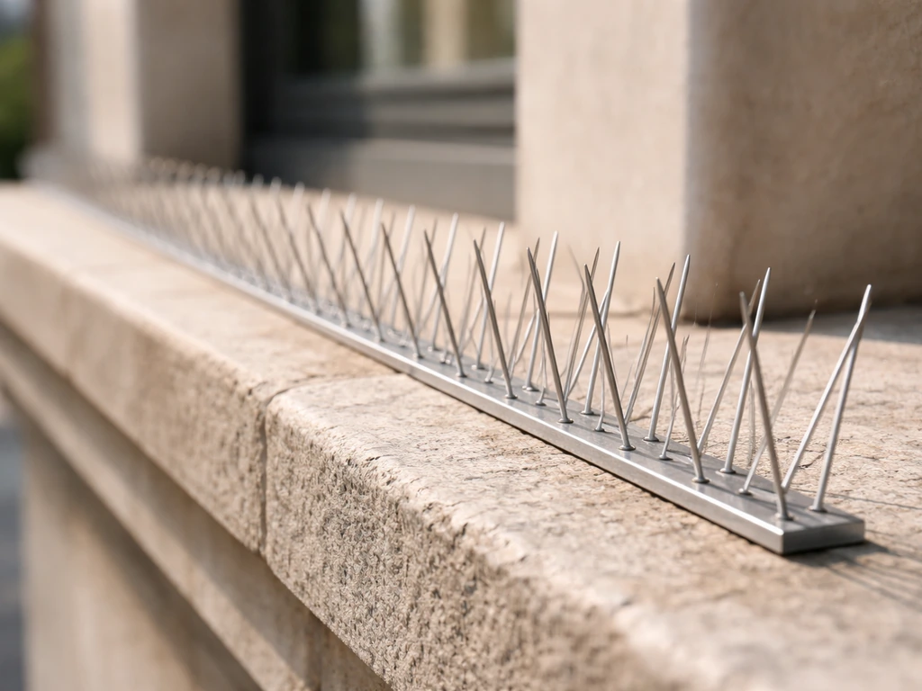 Close-up of anti-bird spike strips installed along a building ledge to prevent birds landing