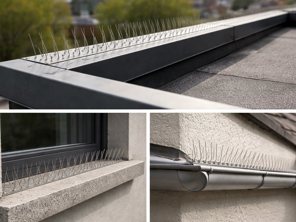 Exterior building rooftop edge, window sill, and gutter segments with anti bird spikes installed.