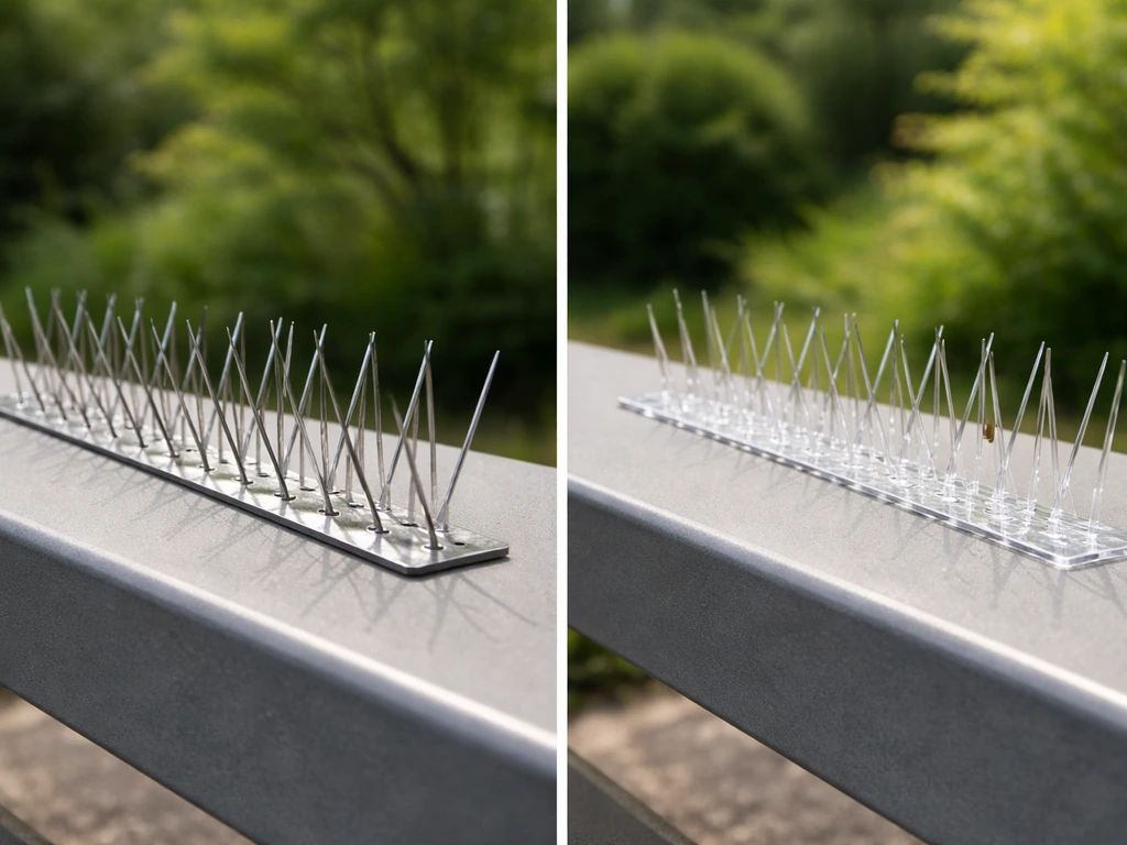 Close-up side-by-side stainless steel and clear polycarbonate anti-bird spike samples on an outdoor bench fixture.
