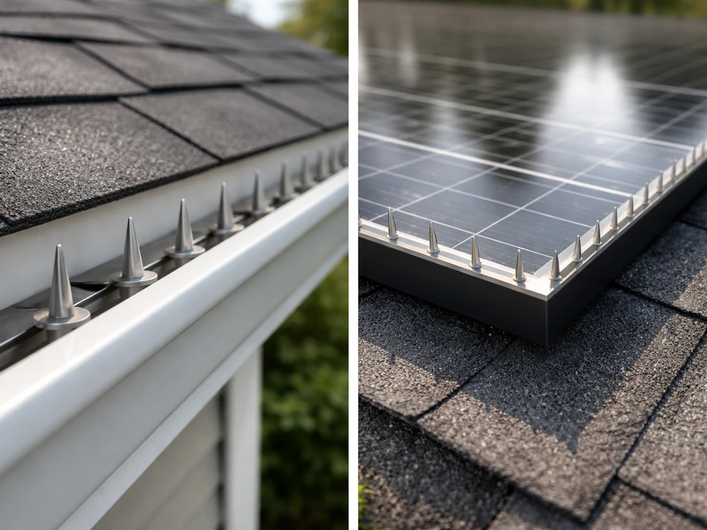 Close-up of gutter-top spikes and solar-panel edge spikes integrated neatly along a roof.