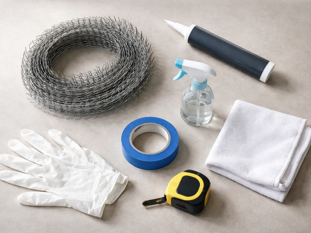Top-down view of bird spike strips, exterior sealant, gloves, tape measure, and cleaning tools on a workbench.