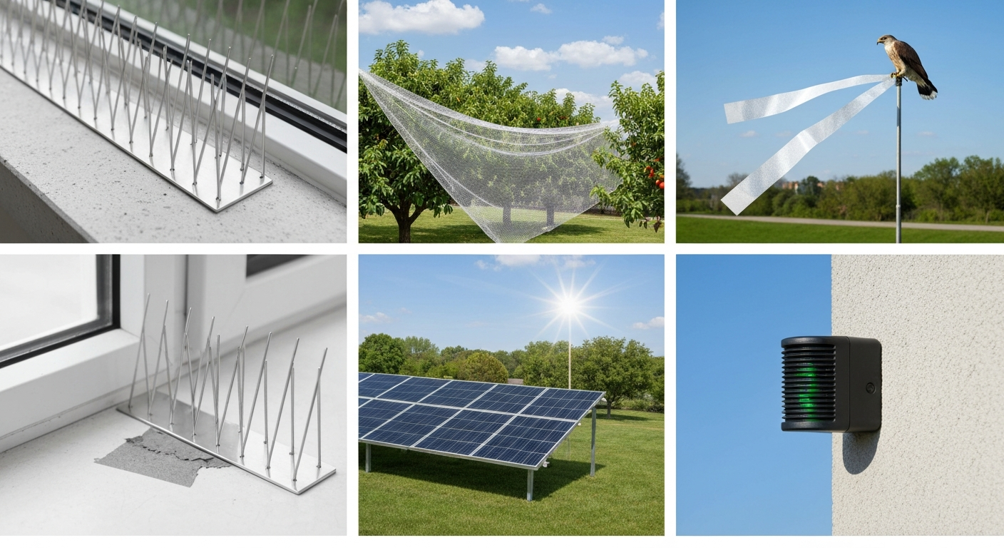 Montage of humane bird control methods: spikes on a ledge, netting on trees and under solar panels, reflective tape with a hawk decoy, and a sonic repeller mounted on a wall.