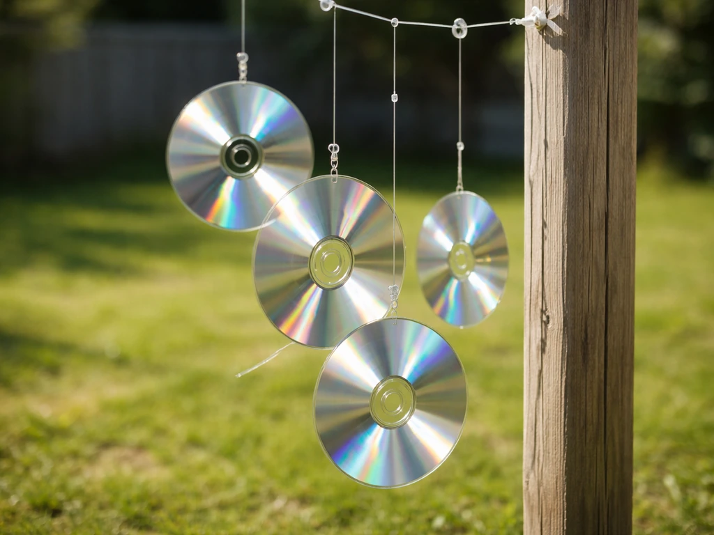 Sunlit close-up of old CDs strung on fishing line, slightly moving on a wooden post as a bird deterrent.