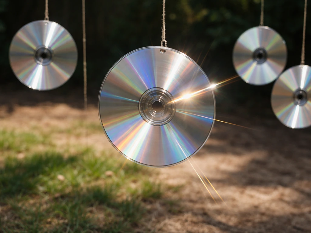 Old CDs hanging in sunlight, reflecting flashes of light across a quiet outdoor yard.
