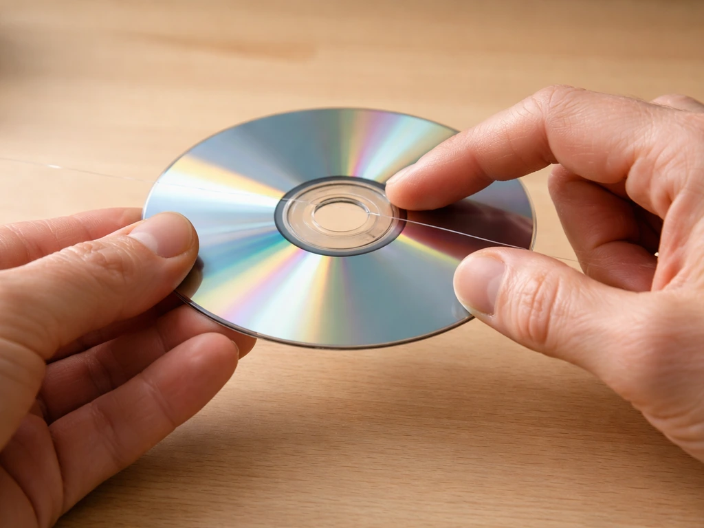 Close-up of hands checking a CD’s edge and threading fishing line through its center hole.