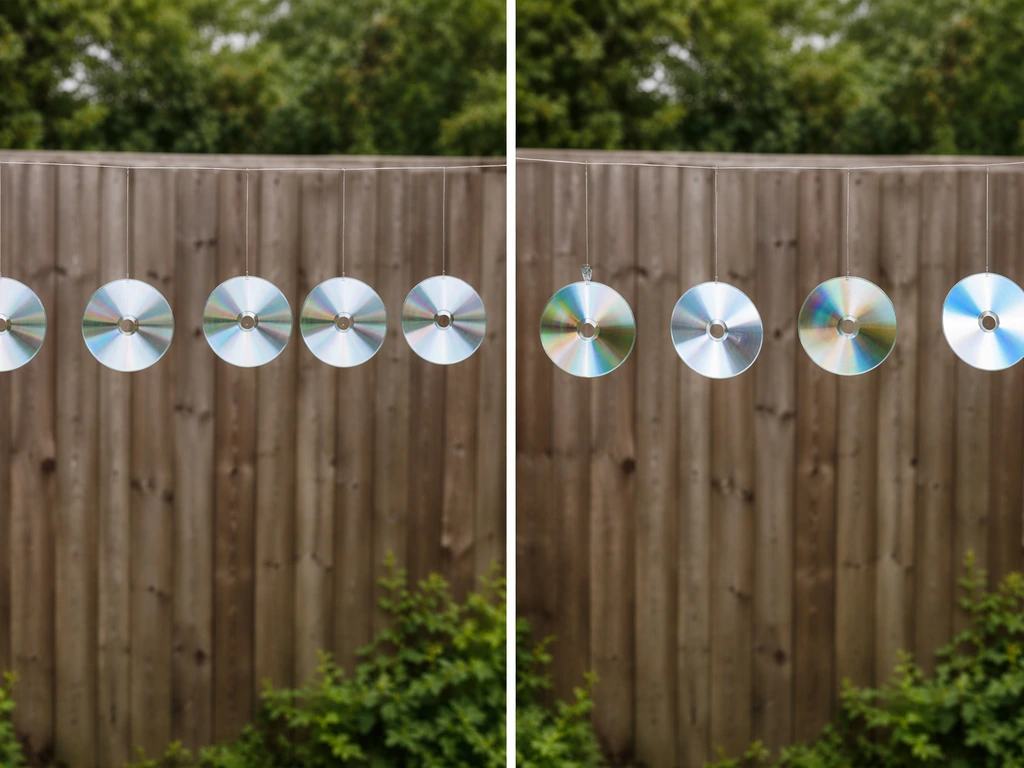 Split photo of static vs repositioned reflective CD bird deterrents on a garden fence