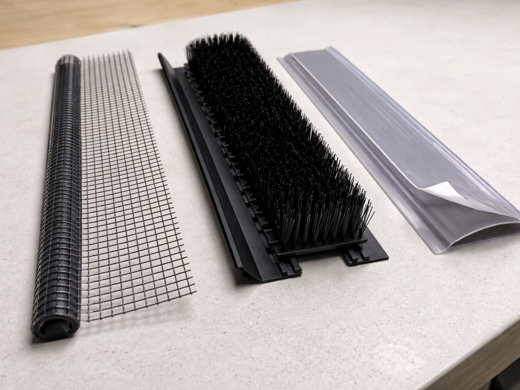 Close-up of three solar bird guard types—mesh perimeter, spike/brush strip, and adhesive barrier—laid on a work surface.