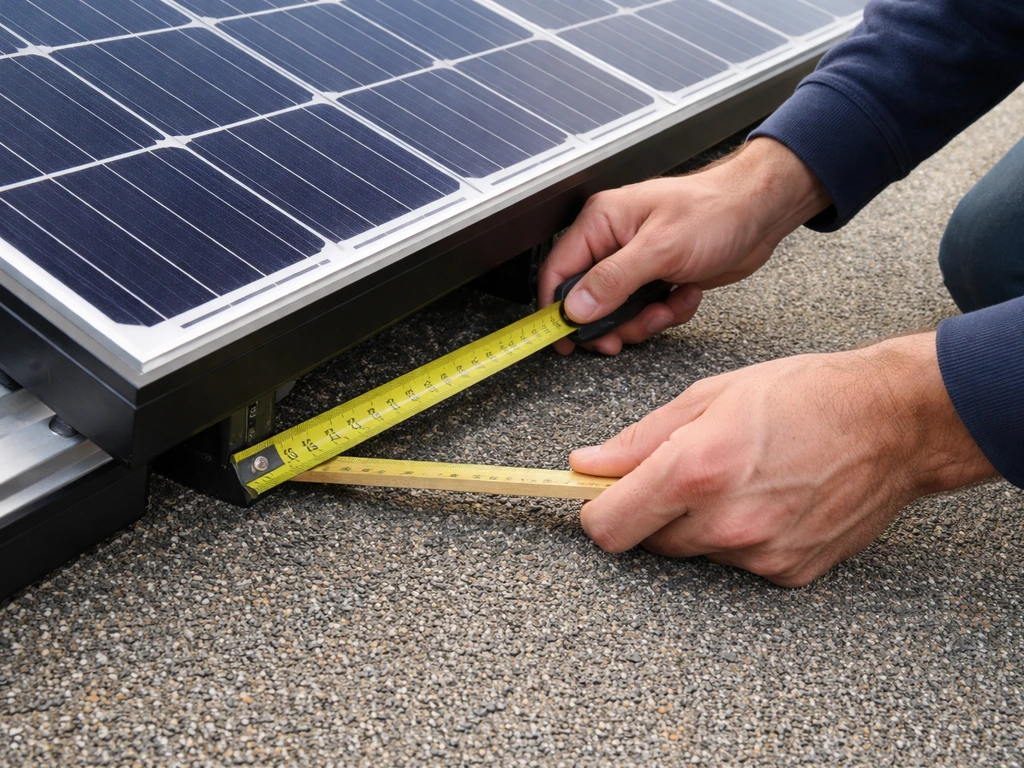 Hands measure the gap under a solar panel with a tape measure to check mounting depth.