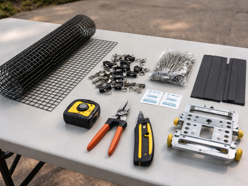 DIY bird-guard tools and solar panel clips laid out on a work table for reference.