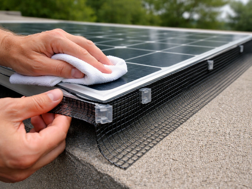 Hands cleaning a solar panel frame edge and positioning a clip-on mesh guard with corner clips.