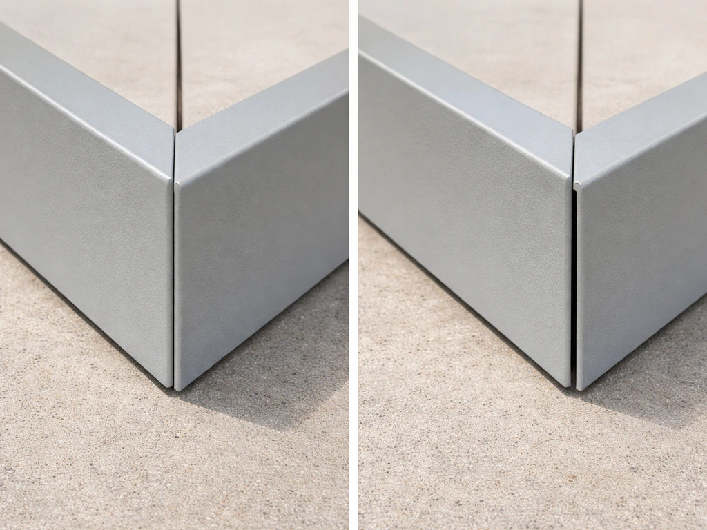 Close-up of a perimeter panel corner: sealed gap-free joint versus a small opening showing a dead zone.