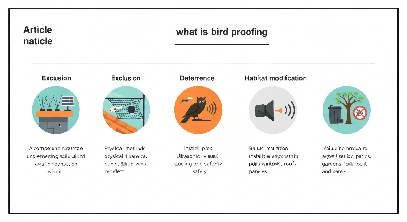 Infographic showing three bird-proofing strategies—exclusion, deterrence, and habitat modification—with simple icons (spikes, netting, predator decoy, secured bin) and labels.